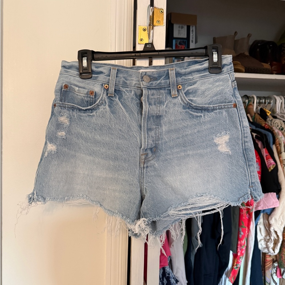 Distressed Light Blue Denim Shorts